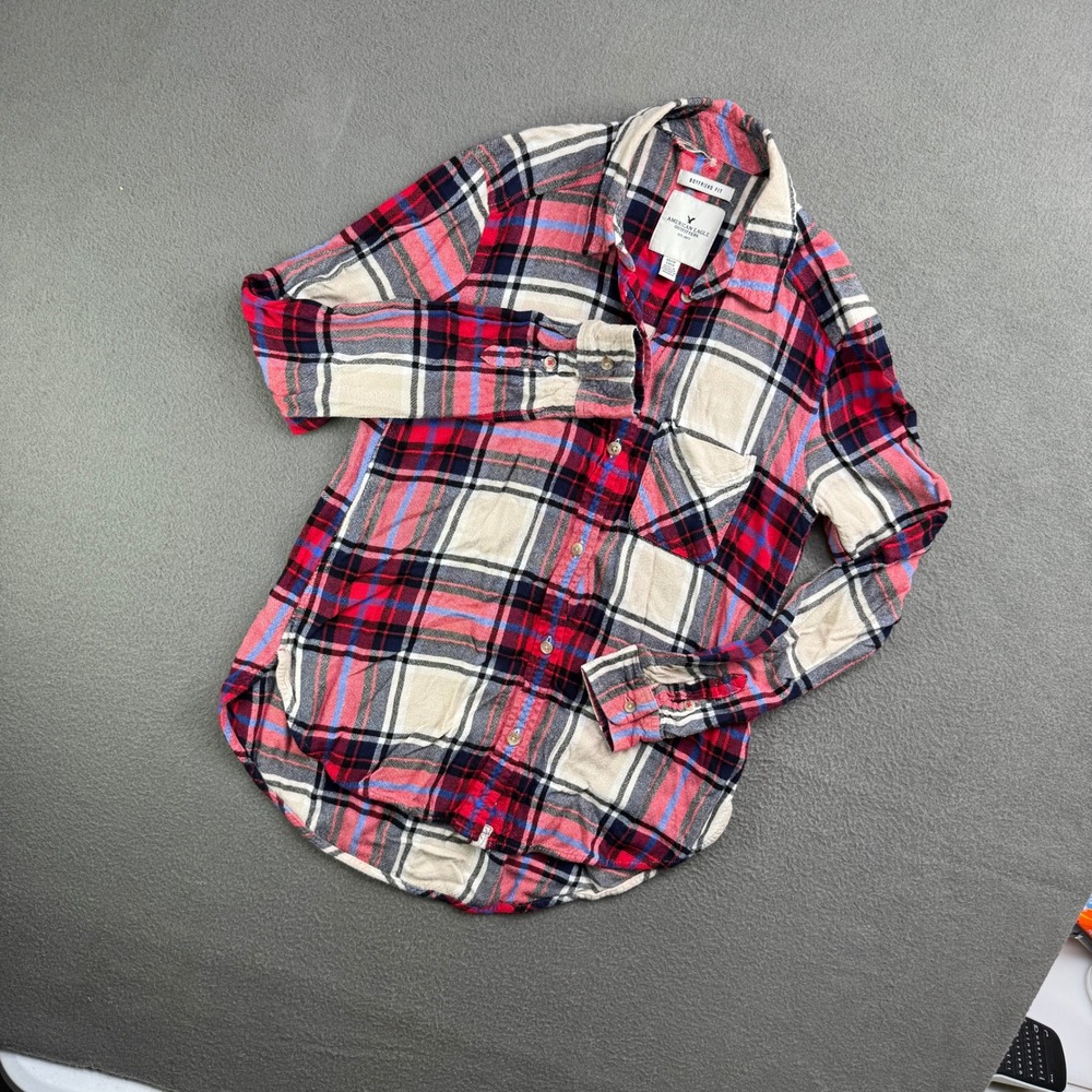 American Eagle Plaid Shirt Women XS Red Boyfriend Fit Flannel Button Up Soft - Picture 2 of 10